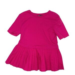 Zara Top Tee Shirt Pleated short sleeve basic pink Fuchsia size small